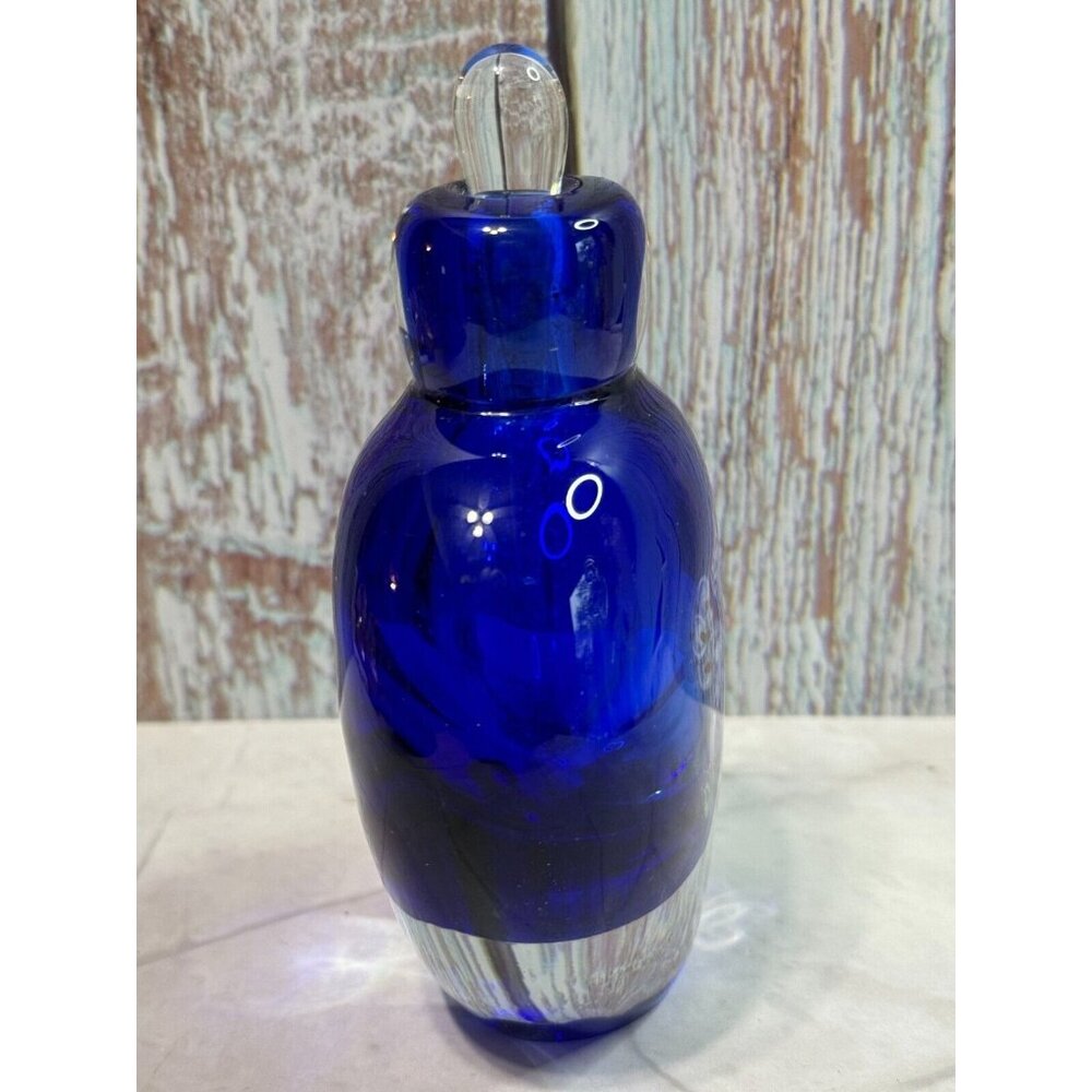Vintage Cobalt Blue Millefiori Fower Perfume Bottle Art Glass with Stopper Empty - Picture 3 of 13